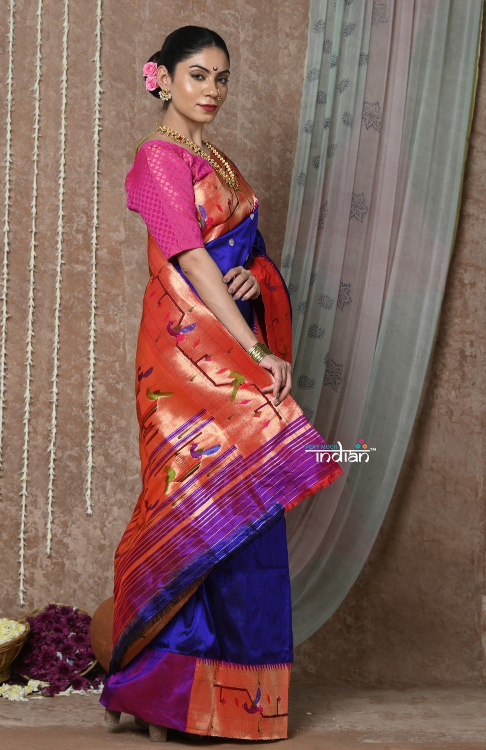 Tyohaar ~ Handloom Pure Silk Paithani Saree with Handcrafted Traditional Pallu~ Royal Blue - verymuchindian.com