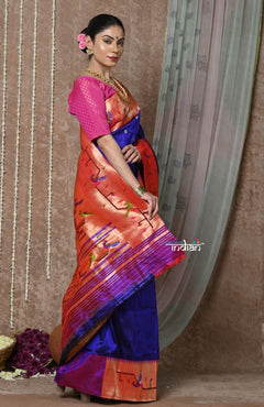 Tyohaar ~ Handloom Pure Silk Paithani Saree with Handcrafted Traditional Pallu~ Royal Blue - verymuchindian.com