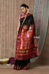 Tyohaar ~ Handloom Pure Silk Paithani Saree with Traditional Peacock Lotus Pallu ~ Black (By Government Certified Weavers) - verymuchindian.com