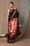Tyohaar ~ Handloom Pure Silk Paithani Saree with Traditional Peacock Lotus Pallu ~ Black (By Government Certified Weavers) - verymuchindian.com