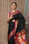 Tyohaar ~ Handloom Pure Silk Paithani Saree with Traditional Peacock Lotus Pallu ~ Black (By Government Certified Weavers) - verymuchindian.com