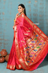 Tyohaar ~ Handloom Pure Silk Paithani Saree with Traditional Peacock Lotus Pallu ~ Dual Tone Peach Pink (By Government Certified Weavers) - verymuchindian.com