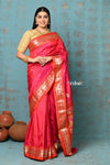 Tyohaar ~ Handloom Pure Silk Paithani Saree with Traditional Peacock Lotus Pallu ~ Dual Tone Peach Pink (By Government Certified Weavers) - verymuchindian.com