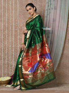 Tyohaar ~ Handloom Pure Silk Paithani Saree with Traditional Peacock Pallu ~ Green (Available in Mor Buttis)) - verymuchindian.com
