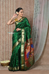 Tyohaar ~ Handloom Pure Silk Paithani Saree with Traditional Peacock Pallu ~ Green (Available in Mor Buttis)) - verymuchindian.com