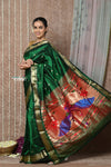 Tyohaar ~ Handloom Pure Silk Paithani Saree with Traditional Peacock Pallu ~ Green (Available in Mor Buttis)) - verymuchindian.com