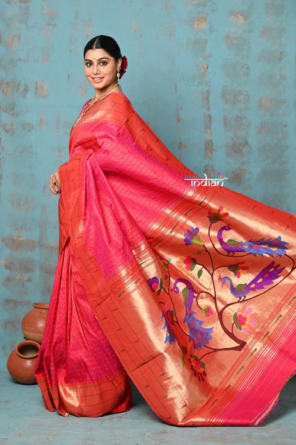 Tyohaar ~ Handloom Pure Silk Triple Muniya Border Paithani Saree with golden checks and dense peacocks pallu ~ Hot Pink - verymuchindian.com