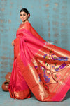 Tyohaar ~ Handloom Pure Silk Triple Muniya Border Paithani Saree with golden checks and dense peacocks pallu ~ Hot Pink - verymuchindian.com