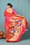 Tyohaar ~ Handloom Pure Silk Triple Muniya Border Paithani Saree with golden checks and dense peacocks pallu ~ Hot Pink - verymuchindian.com