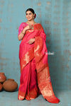 Tyohaar ~ Handloom Pure Silk Triple Muniya Border Paithani Saree with golden checks and dense peacocks pallu ~ Hot Pink - verymuchindian.com