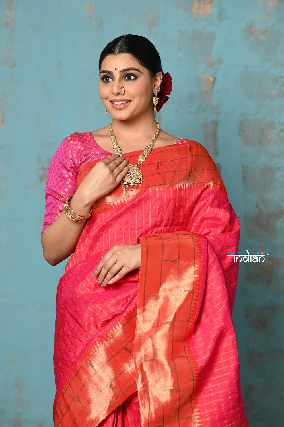 Tyohaar ~ Handloom Pure Silk Triple Muniya Border Paithani Saree with golden checks and dense peacocks pallu ~ Hot Pink - verymuchindian.com