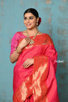 Tyohaar ~ Handloom Pure Silk Triple Muniya Border Paithani Saree with golden checks and dense peacocks pallu ~ Hot Pink - verymuchindian.com
