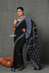 Tyohaar ~ High Quality Mul Cotton Saree with Hand Mirror & Patch Work ~ Blue - verymuchindian.com