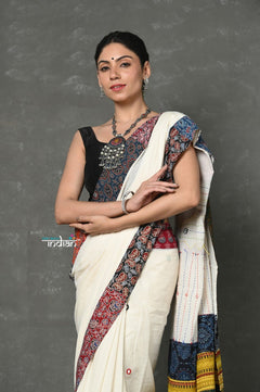 Tyohaar ~ High Quality Mul Cotton Saree with Hand Mirror & Patch Work ~ White - verymuchindian.com