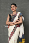 Tyohaar ~ High Quality Mul Cotton Saree with Hand Mirror & Patch Work ~ White - verymuchindian.com