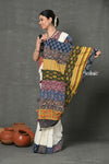 Tyohaar ~ High Quality Mul Cotton Saree with Hand Mirror & Patch Work ~ White - verymuchindian.com