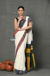 Tyohaar ~ High Quality Mul Cotton Saree with Hand Mirror & Patch Work ~ White - verymuchindian.com