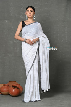 Tyohaar ~ Mul Cotton Khadi Design Handloom Woven Saree - White - verymuchindian.com