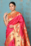 Tyohaar Premium Asawali Border ~ Signature Weave! Handloom Pure Silk Pink Paithani Saree with Exclusive Asawali Buttis - verymuchindian.com