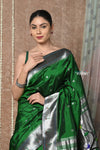 Tyohaar Premium~ Handloom Pure Silk Muniya Border Paithani Saree with Handcrafted Deer Pallu ~ Royal Green - verymuchindian.com