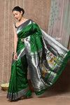 Tyohaar Premium~ Handloom Pure Silk Muniya Border Paithani Saree with Handcrafted Deer Pallu ~ Royal Green - verymuchindian.com