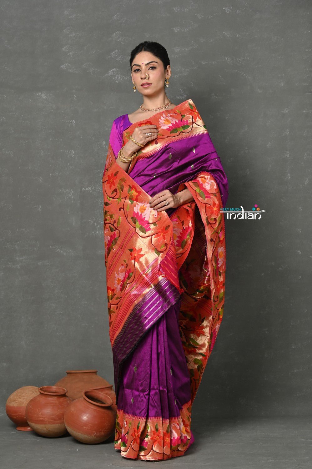 Tyohaar Premium~Designed By VMI Premium~ Handloom Pure Lotus Border and Rajhans Swan Pallu in Wine - verymuchindian.com