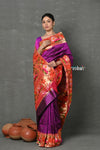 Tyohaar Premium~Designed By VMI Premium~ Handloom Pure Lotus Border and Rajhans Swan Pallu in Wine - verymuchindian.com