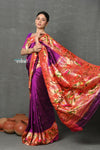 Tyohaar Premium~Designed By VMI Premium~ Handloom Pure Lotus Border and Rajhans Swan Pallu in Wine - verymuchindian.com