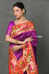 Tyohaar Premium~Designed By VMI Premium~ Handloom Pure Lotus Border and Rajhans Swan Pallu in Wine - verymuchindian.com