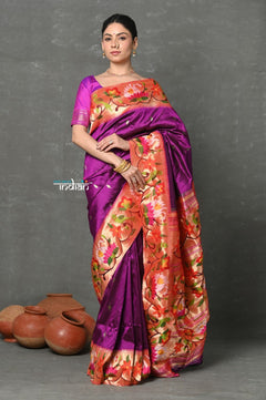 Tyohaar Premium~Designed By VMI Premium~ Handloom Pure Lotus Border and Rajhans Swan Pallu in Wine - verymuchindian.com