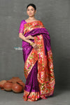 Tyohaar Premium~Designed By VMI Premium~ Handloom Pure Lotus Border and Rajhans Swan Pallu in Wine - verymuchindian.com