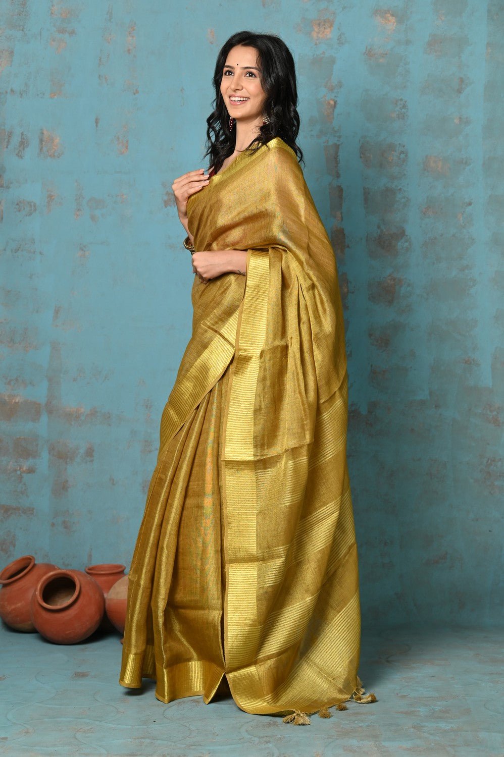 Tyohaar ~ Pure Handwoven Organic Tissue Linen Saree - Shimmery Gold - verymuchindian.com