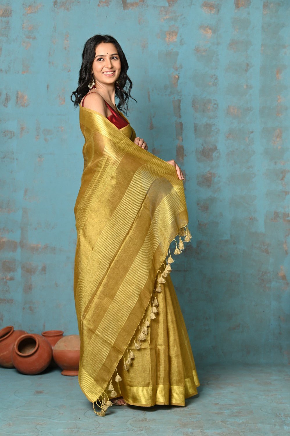 Tyohaar ~ Pure Handwoven Organic Tissue Linen Saree - Shimmery Gold - verymuchindian.com
