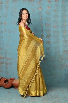 Tyohaar ~ Pure Handwoven Organic Tissue Linen Saree - Shimmery Gold - verymuchindian.com