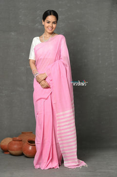Tyohaar ~ Pure Mul Cotton Handloom Saree ~ Feather Pink - verymuchindian.com