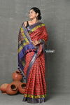 Tyohaar ~ Pure Tussar Silk Handloom with Kalamkari Print by Khadigram Certified Weavers ~ Red - verymuchindian.com