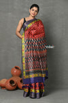 Tyohaar ~ Pure Tussar Silk Handloom with Kalamkari Print by Khadigram Certified Weavers ~ Red - verymuchindian.com