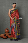 Tyohaar ~ Pure Tussar Silk Handloom with Kalamkari Print by Khadigram Certified Weavers ~ Red - verymuchindian.com