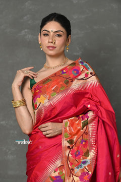 Tyohaar ~ Signature Weave! Handloom Pure Silk Paithani Saree with Handcrafted Floral Peacock Parrot Border ~ Rani Pink ( SHIPPING IN 55 DAYS) - verymuchindian.com