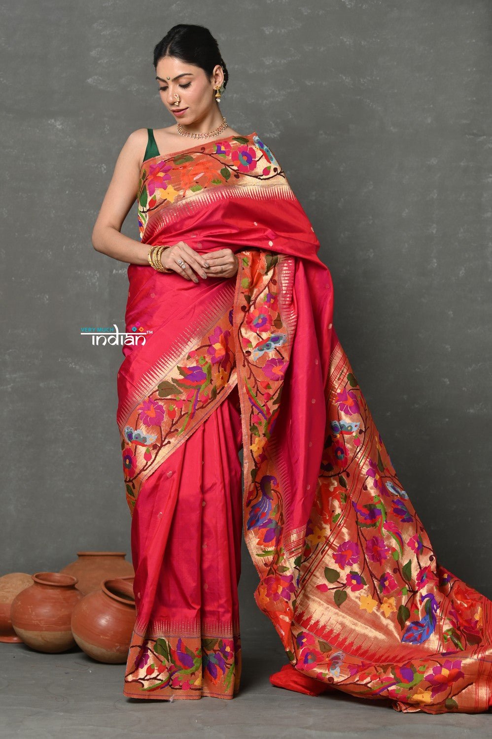 Tyohaar ~ Signature Weave! Handloom Pure Silk Paithani Saree with Handcrafted Floral Peacock Parrot Border ~ Rani Pink ( SHIPPING IN 55 DAYS) - verymuchindian.com