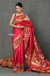 Tyohaar ~ Signature Weave! Handloom Pure Silk Paithani Saree with Handcrafted Floral Peacock Parrot Border ~ Rani Pink ( SHIPPING IN 55 DAYS) - verymuchindian.com