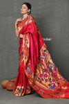 Tyohaar ~ Signature Weave! Handloom Pure Silk Paithani Saree with Handcrafted Floral Peacock Parrot Border ~ Rani Pink ( SHIPPING IN 55 DAYS) - verymuchindian.com