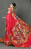 Tyohaar ~ Signature Weave! Handloom Pure Silk Paithani Saree with Handcrafted Floral Peacock Parrot Border ~ Rani Pink ( SHIPPING IN 55 DAYS) - verymuchindian.com