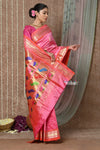 Tyohaar ~ Signature Weave! Handloom Pure Silk Paithani Saree with Handcrafted Peacock Lotus Pallu ~ Rouge Pink - verymuchindian.com