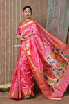 Tyohaar ~ Signature Weave! Handloom Pure Silk Paithani Saree with Handcrafted Peacock Lotus Pallu ~ Rouge Pink - verymuchindian.com