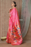 Tyohaar ~ Signature Weave! Handloom Pure Silk Paithani Saree with Handcrafted Peacock Lotus Pallu ~ Rouge Pink - verymuchindian.com
