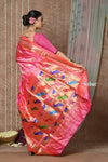 Tyohaar ~ Signature Weave! Handloom Pure Silk Paithani Saree with Handcrafted Peacock Lotus Pallu ~ Rouge Pink - verymuchindian.com