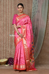 Tyohaar ~ Signature Weave! Handloom Pure Silk Paithani Saree with Handcrafted Peacock Lotus Pallu ~ Rouge Pink - verymuchindian.com