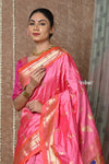 Tyohaar ~ Signature Weave! Handloom Pure Silk Paithani Saree with Handcrafted Peacock Lotus Pallu ~ Rouge Pink - verymuchindian.com