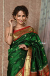Tyohaar ~ Signature Weave! Handloom Pure Silk Paithani Saree with Handcrafted Peacock Pallu ~ Royal Green - verymuchindian.com